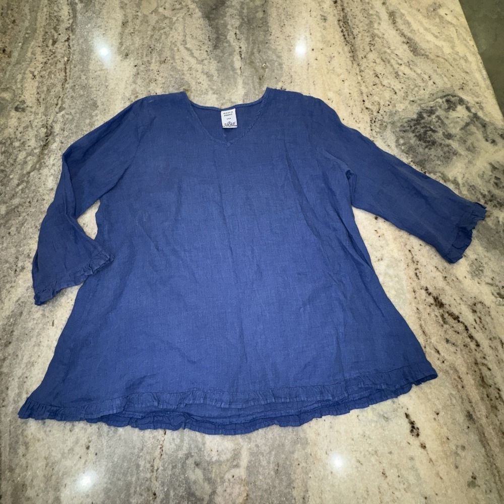 Match Point USA Medium 100% Linen Royal Blue Top Shirt 3/4 Sleeve Ruffle Hem‎